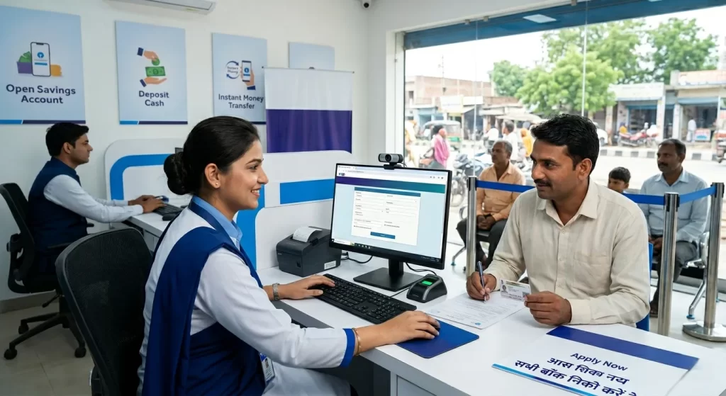 Professional banking center representative assisting a client with registration process at a digital service point.