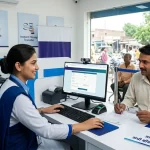 Professional banking center representative assisting a client with registration process at a digital service point.