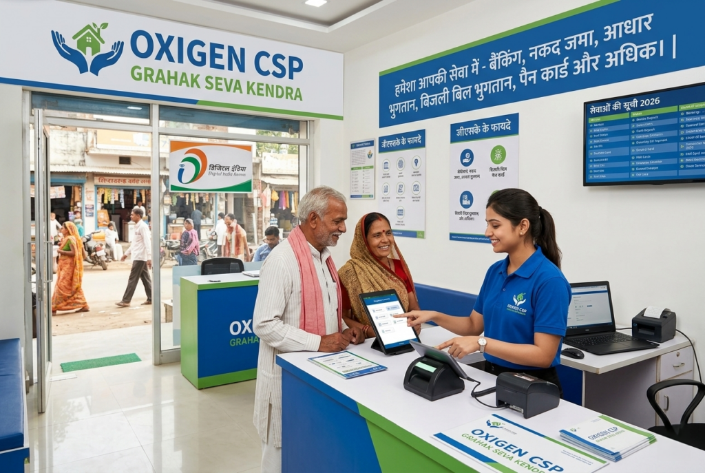 Professional agent assisting a customer with Bank CSP services at a Grahak Seva Kendra