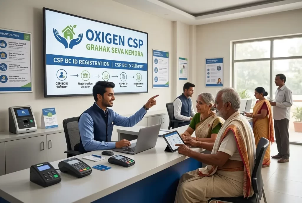 An authorized Oxigen CSP agent guiding elderly customers through the official CSP BC ID registration and banking process in a modern office.