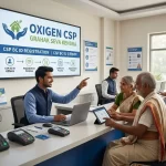 An authorized Oxigen CSP agent guiding elderly customers through the official CSP BC ID registration and banking process in a modern office.