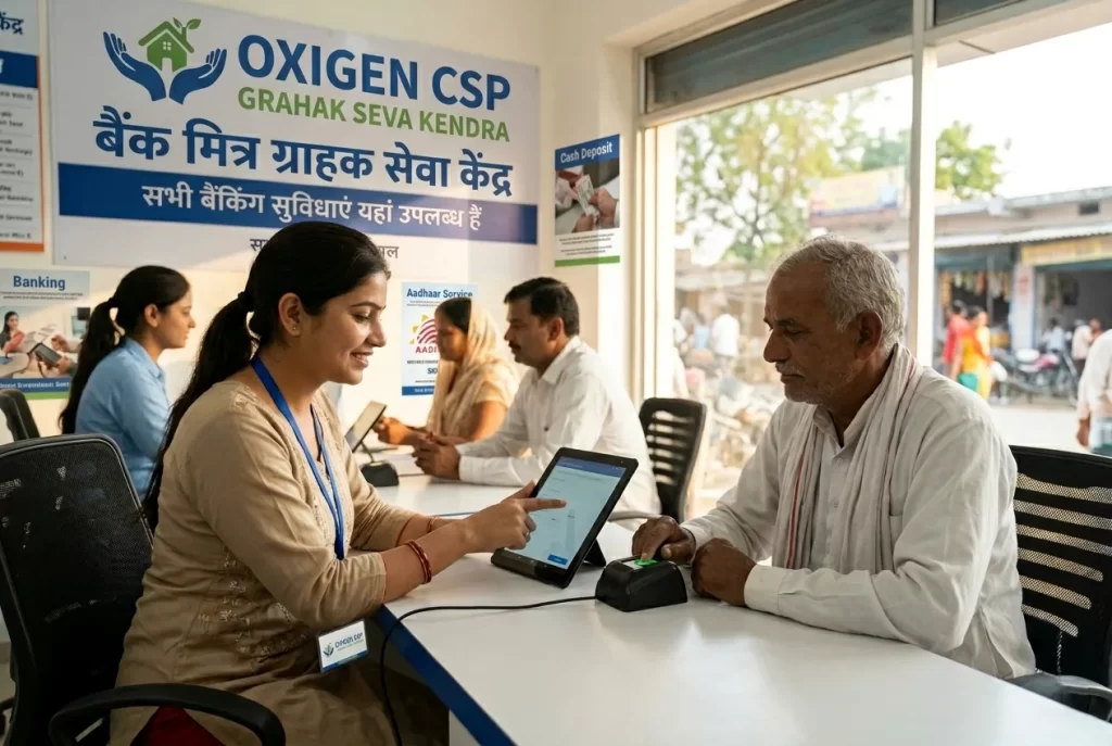 A professional agent explaining the CSP registration process to customers at a local banking center