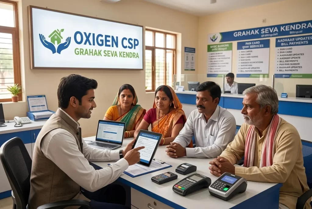 A knowledgeable Oxigen CSP agent explaining digital banking and registration services to customers at a Grahak Seva Kendra in 2026.