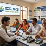 A knowledgeable Oxigen CSP agent explaining digital banking and registration services to customers at a Grahak Seva Kendra in 2026.