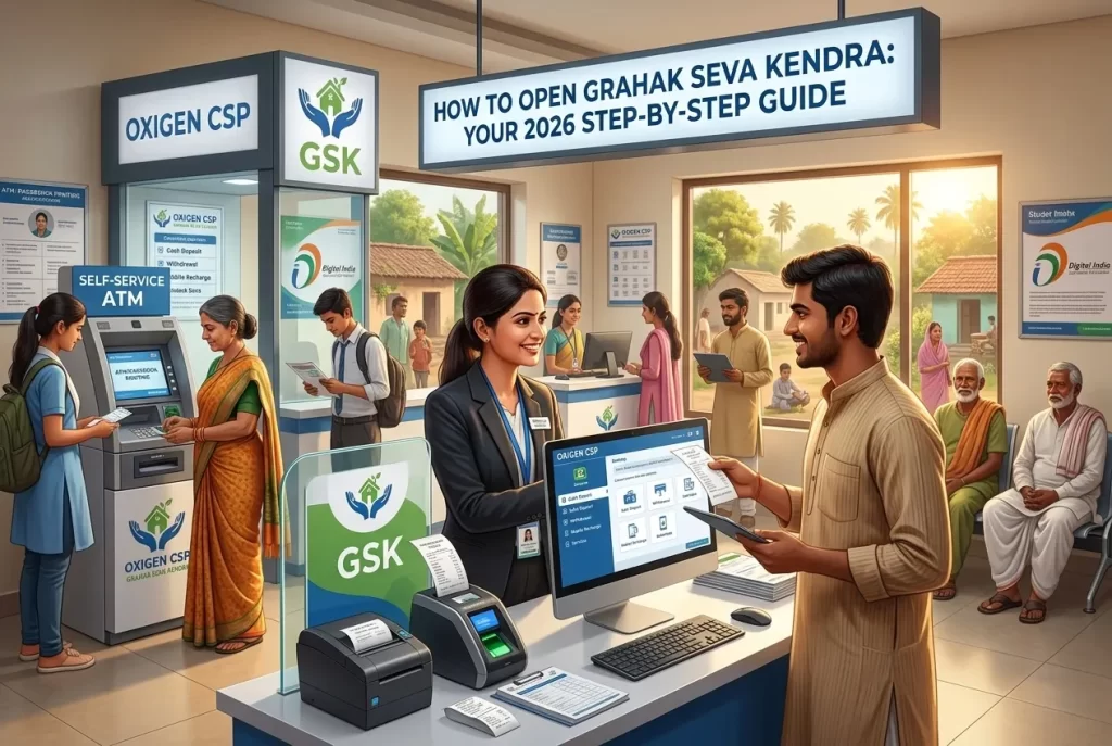 A friendly professional helping a customer at an Oxigen CSP Grahak Seva Kendra banking center.