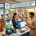 A friendly professional helping a customer at an Oxigen CSP Grahak Seva Kendra banking center.