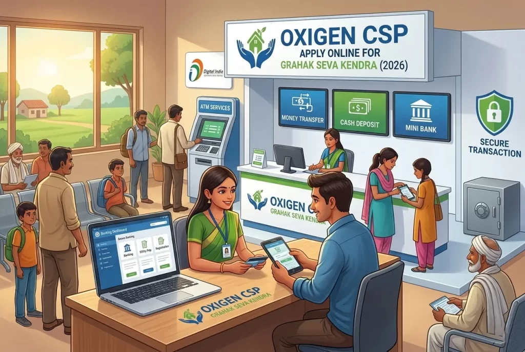 Professional interior of an Oxigen CSP Grahak Seva Kendra offering banking services.