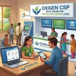 Professional interior of an Oxigen CSP Grahak Seva Kendra offering banking services.