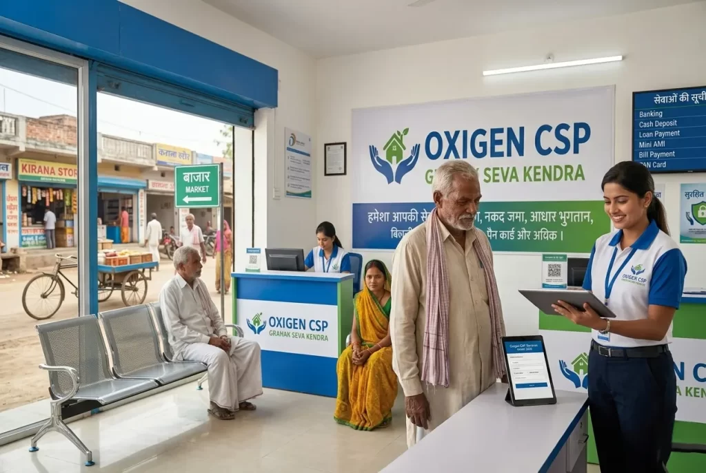 Professional staff member assisting a customer at an Oxigen CSP Grahak Seva Kendra banking center.