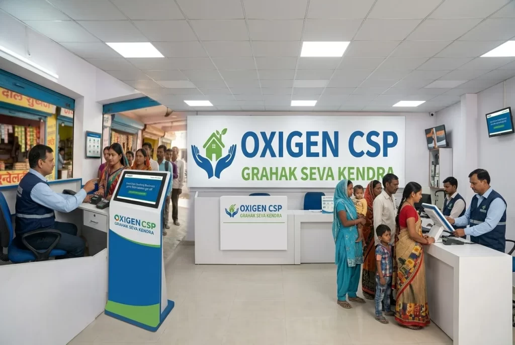 A professional interior of an Oxigen CSP Grahak Seva Kendra office with an agent serving customers at a help desk, focusing on the registration and application process.