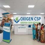 A professional interior of an Oxigen CSP Grahak Seva Kendra office with an agent serving customers at a help desk, focusing on the registration and application process.