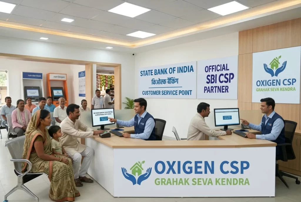 A professional interior view of an official State Bank of India Customer Service Point (CSP) where an agent is helping customers with the registration process.