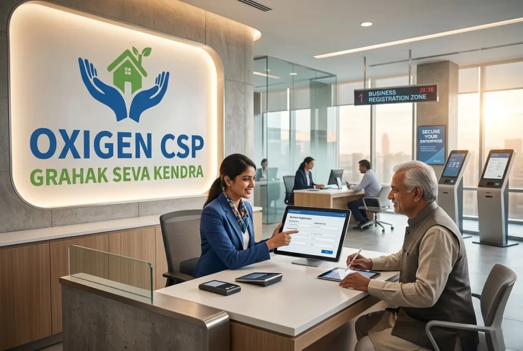 A professional Oxigen CSP agent in a modern center explaining the Bank Mitra registration process to an elderly customer in 2026.