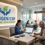 A professional Oxigen CSP agent in a modern center explaining the Bank Mitra registration process to an elderly customer in 2026.