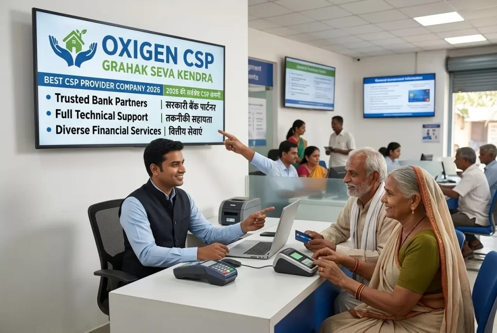 A professional agent explaining services at a Grahak Seva Kendra, highlighting the features of the best CSP provider company in 2026 for banking agents.