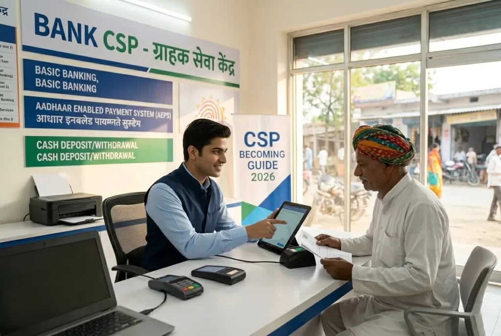 A friendly Bank CSP agent assisting a customer with banking registration services in a professional 2026 setup.