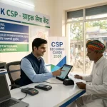 A friendly Bank CSP agent assisting a customer with banking registration services in a professional 2026 setup.